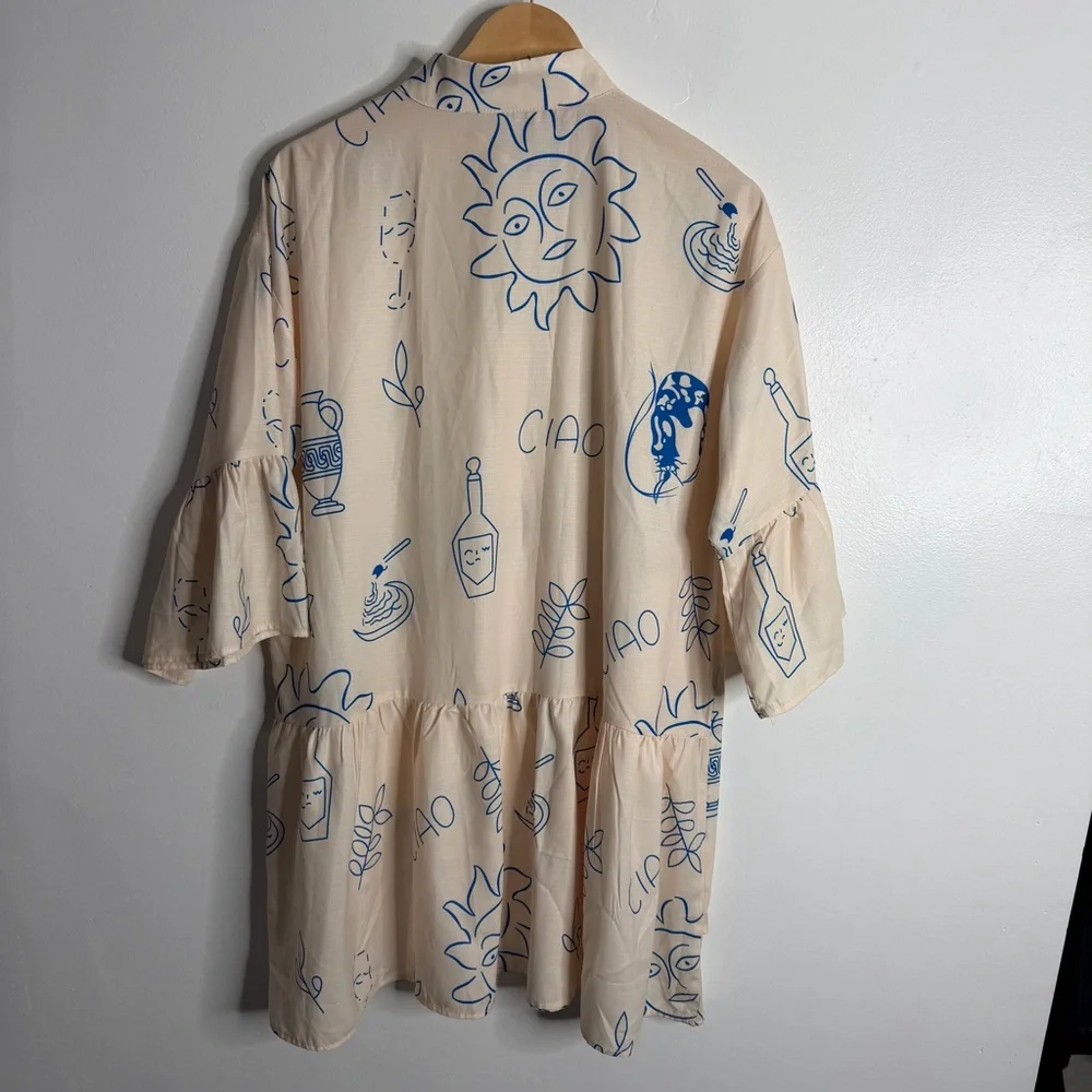 NWOT Commense‎ Ciao Wine Cream Blue Graphic Babydoll Ruffle Dress XL Oversized